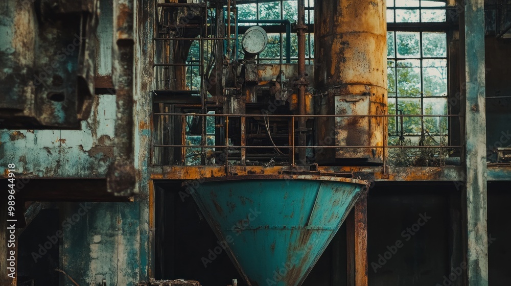 An industrial setting showcasing rusted machinery and a large blue hopper in a derelict space. An industrial setting showcasing rusted machinery and a large blue hopper in a derelict space.