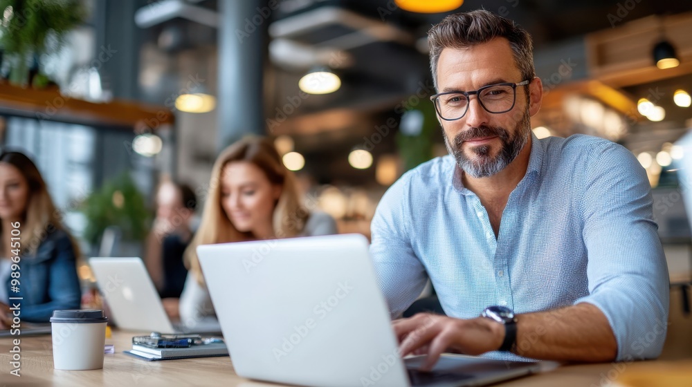 A professional man with a laptop sits in a modern office, surrounded by colleagues, exemplifying teamwork, productivity, and a collaborative work environment.