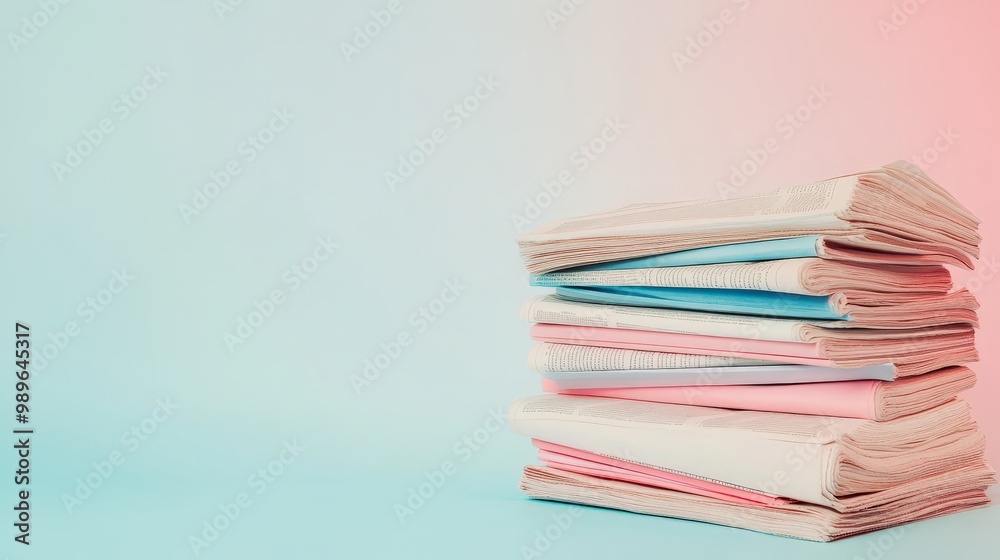 Sleek Minimalist Concept with Stack of Newspapers on Pastel Background Ideal for Copy Space Sleek Minimalist Concept with Stack of Newspapers on Pastel Background Ideal for Copy Space