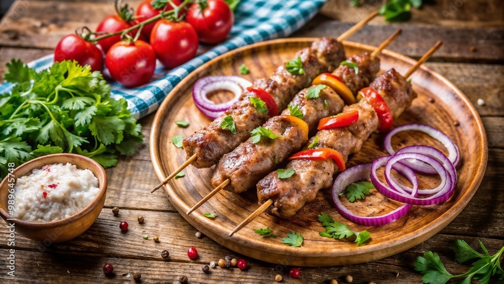 Grilled kebabs with vegetables served on a wooden plate, fresh tomatoes and herbs on the side Grilled kebabs with vegetables served on a wooden plate, fresh tomatoes and herbs on the side