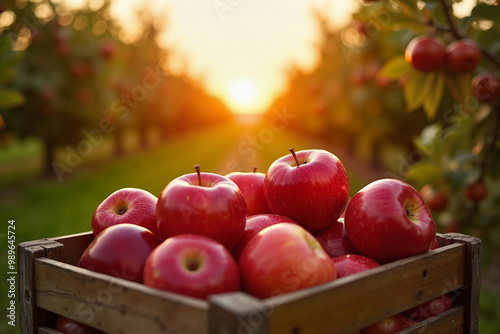 Red apples in a wooden crate with a warm sunset background, orchard setting