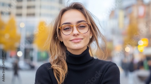 A young woman with stylish glasses is seen standing in an urban environment, capturing the essence of personal expression and contemporary city fashion on a crisp day.