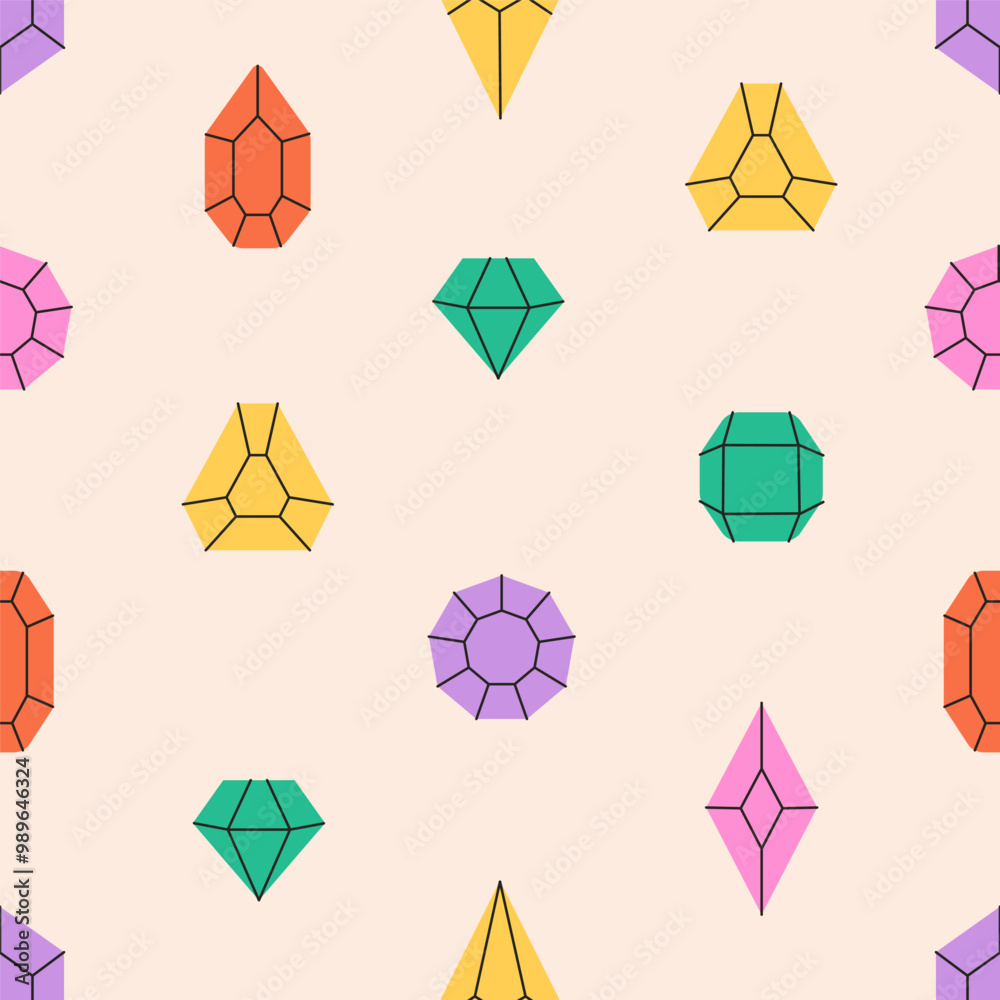 Seamless pattern with crystals, diamonds, gemstones. Texture for banners, wallpapers, textiles, wrapping paper. Vector illustration in flat style Seamless pattern with crystals, diamonds, gemstones. Texture for banners, wallpapers, textiles, wrapping paper. Vector illustration in flat style
