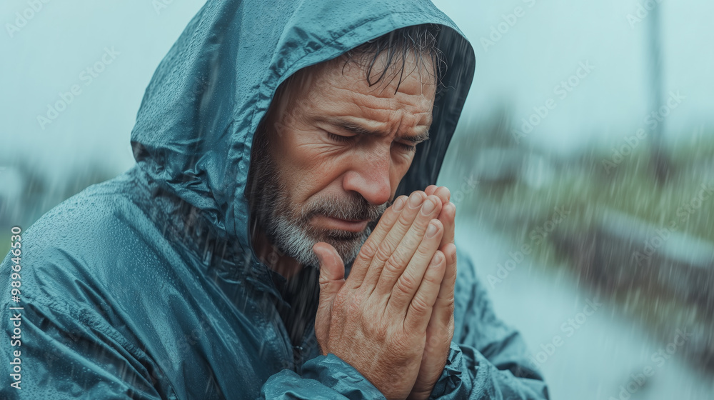 A middle-aged man wearing a raincoat with hands clasped in prayer, standing outdoors in heavy rain A middle-aged man wearing a raincoat with hands clasped in prayer, standing outdoors in heavy rain