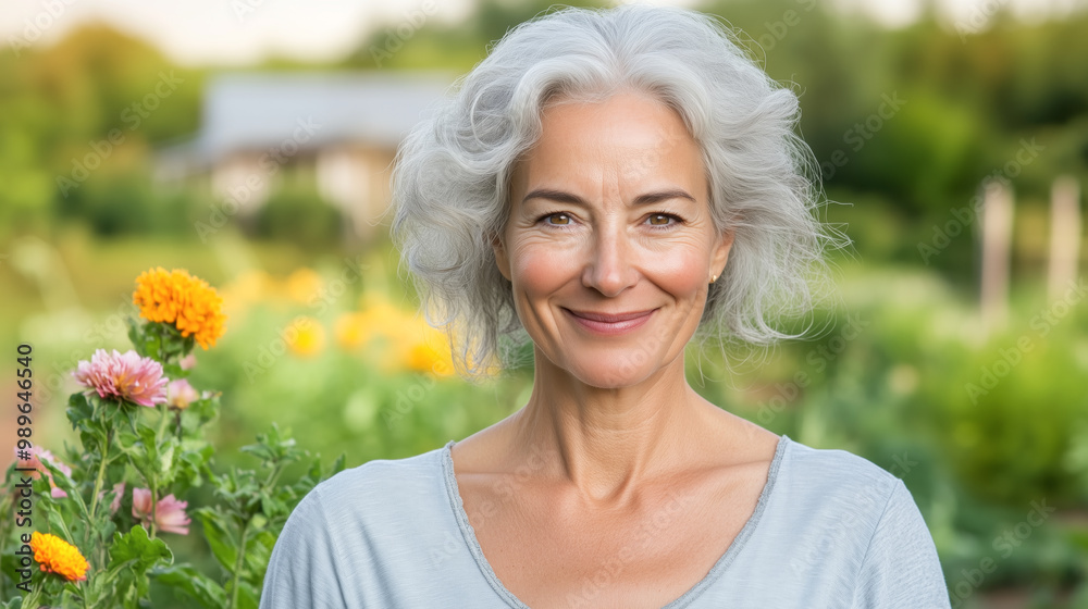 Portrait of a smiling mature woman with gray hair standing outdoors in a vibrant flower garden, enjoying nature and sunlight Portrait of a smiling mature woman with gray hair standing outdoors in a vibrant flower garden, enjoying nature and sunlight