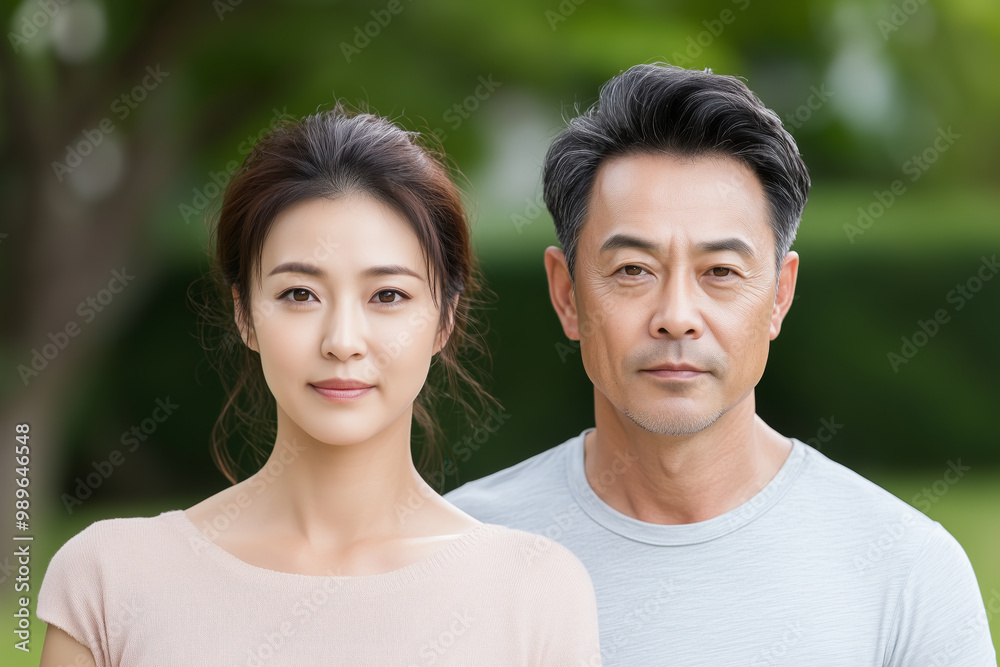 Portrait of a serious middle-aged asian couple standing outdoors, both looking calmly at the camera with a green background Portrait of a serious middle-aged asian couple standing outdoors, both looking calmly at the camera with a green background