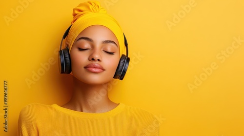 A young woman wearing yellow with black headphones and eyes closed, poses against a bright yellow background, emanating peace and an aura of solitude. photo