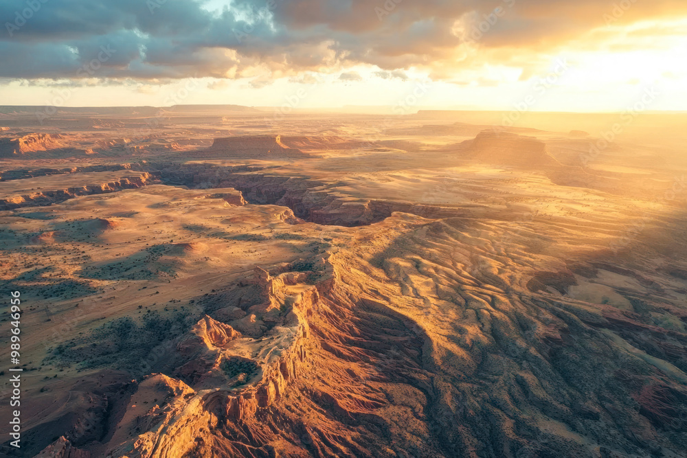 Aerial view of a sandstone desert valley at sunset. Aerial view of a sandstone desert valley at sunset.