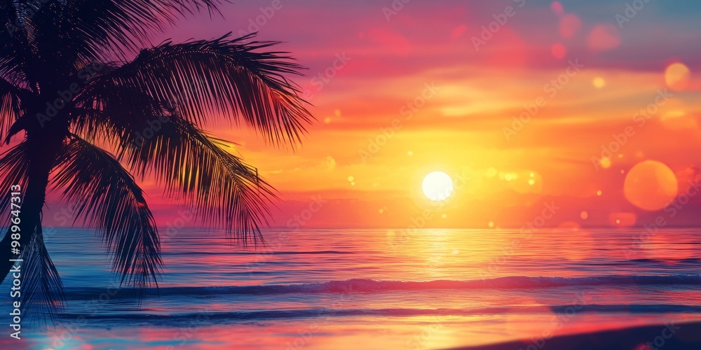 Vivid sunset over the beach, palm tree silhouette, warm colors blending in a softly blurred background, tranquil evening scene Vivid sunset over the beach, palm tree silhouette, warm colors blending in a softly blurred background, tranquil evening scene