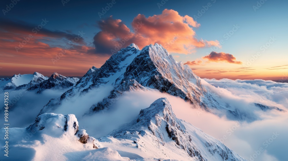 Majestic snow-covered mountains basking in the glow of a dramatic sunset, with vibrant hues in the sky creating a breathtaking and serene alpine landscape. Majestic snow-covered mountains basking in the glow of a dramatic sunset, with vibrant hues in the sky creating a breathtaking and serene alpine landscape.