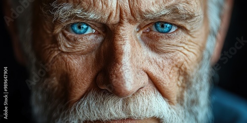 Close-up portrait of an old man with wrinkled face and piercing blue eyes