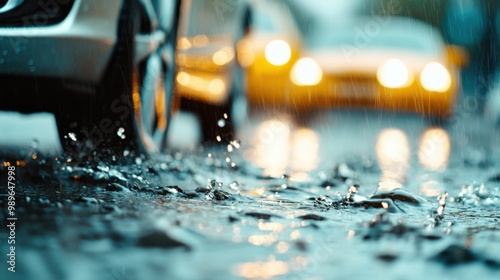Several cars drive through puddles in a rainy urban environment, creating splashes. The image captures the essence of rainy weather, wet conditions, and modern city life.