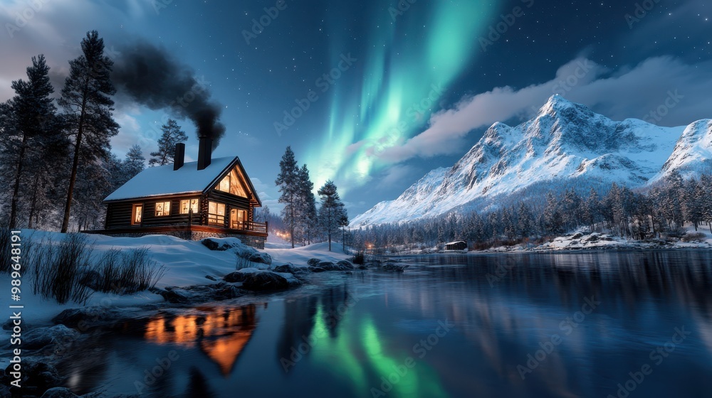 Fototapeta premium A picturesque winter scene of smoke rising from a cabin situated by a snowy lake amidst snow-blanketed mountains, under the ethereal glow of northern lights in the starry sky.
