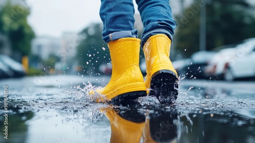 A rear shot of a person in yellow boots splashing through a puddle on a rainy day, embodying the playful and carefree spirit of childhood with a dynamic water splash.