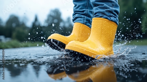 Yellow knee-high boots are seen making splashes on wet asphalt, highlighting the dynamic interaction between footwear and rainwater in an outdoor urban setting. photo