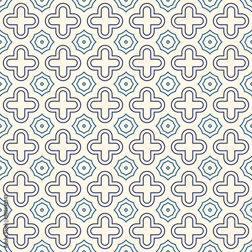 Oriental pattern. Repeated crosses and stars abstract ornament. Quatrefoil figures wallpaper. Maroccan mosaic tiles. Arabesque digital paper, textile print. Vector minimalist seamless surface design