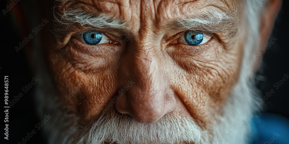 Close-up portrait of an old man with wrinkled face and piercing blue eyes