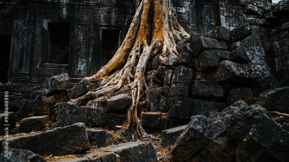 A large tree entwined with ancient stones, showcasing nature's reclaiming of ruins. A large tree entwined with ancient stones, showcasing nature's reclaiming of ruins.