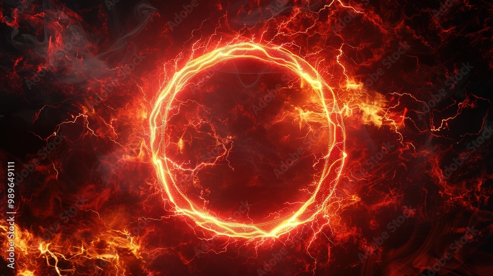 Obraz premium A glowing electric red hologram circle with lightning radiating outward on a dark background.