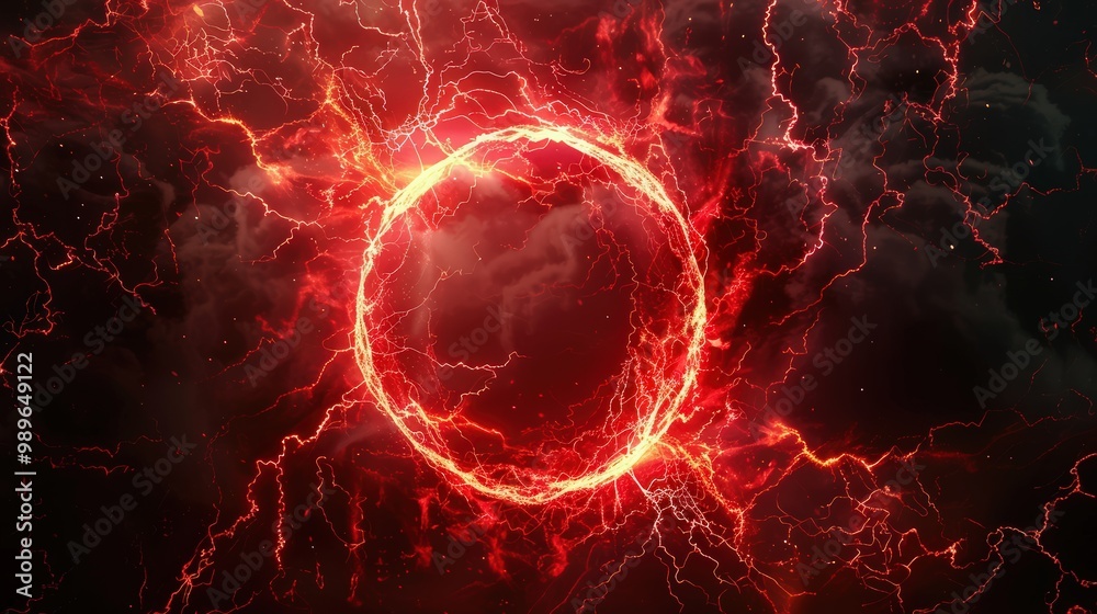A glowing electric red hologram circle with lightning radiating outward on a dark background. A glowing electric red hologram circle with lightning radiating outward on a dark background.