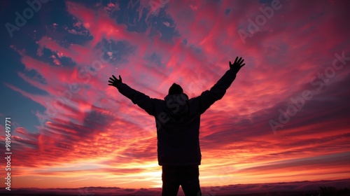 A person standing with arms raised in worship, silhouetted against the sky at dawn, symbolizing praise and surrender