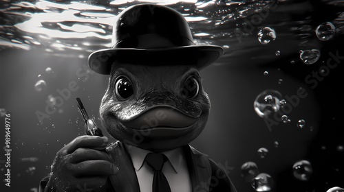 Platypus detective solving an underwater mystery, a film noir poster concept that combines the unique features of the platypus with a classic detective theme. Film Noir. Illustration photo