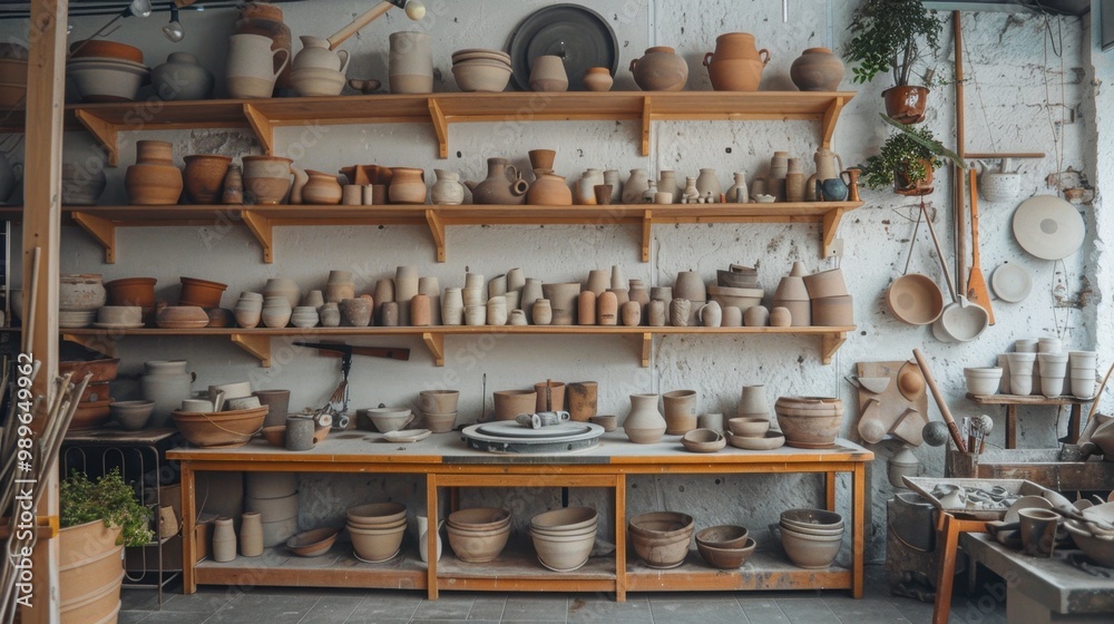 A pottery studio with a potter's wheel, clay tools, and finished ceramics displayed on wooden shelves A pottery studio with a potter's wheel, clay tools, and finished ceramics displayed on wooden shelves