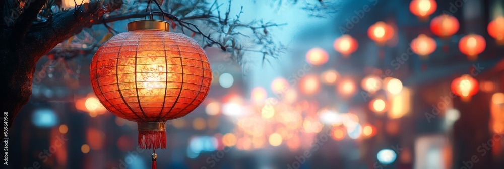Obraz premium Vibrant lantern illuminating the night, surrounded by a softly blurred festive atmosphere, captivating and enchanting ambiance