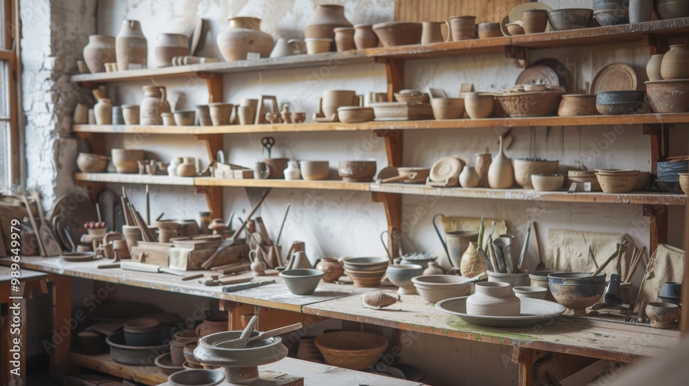 A pottery studio with a potter's wheel, clay tools, and finished ceramics displayed on wooden shelves A pottery studio with a potter's wheel, clay tools, and finished ceramics displayed on wooden shelves