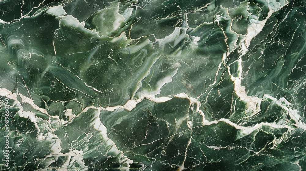 Fototapeta premium A richly detailed green marble texture with intricate white veins, suitable for elegant and natural designs