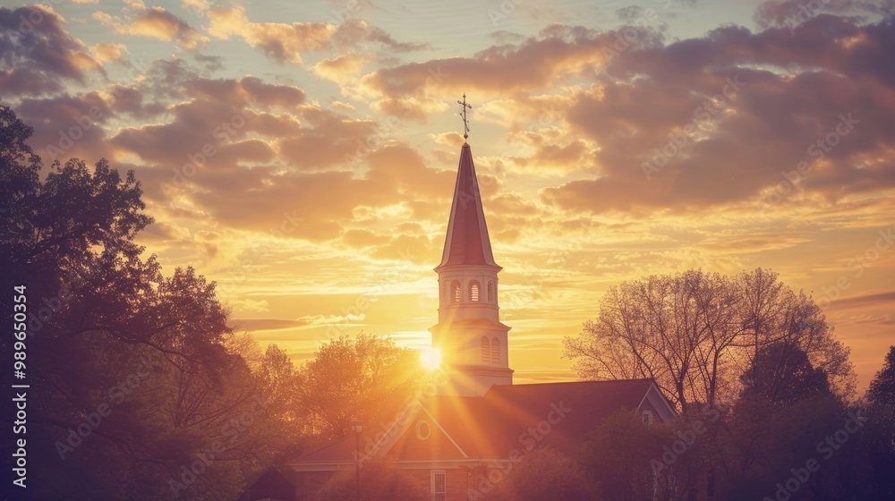 A serene sunrise over a church steeple, symbolizing new beginnings and the hope found in faith A serene sunrise over a church steeple, symbolizing new beginnings and the hope found in faith