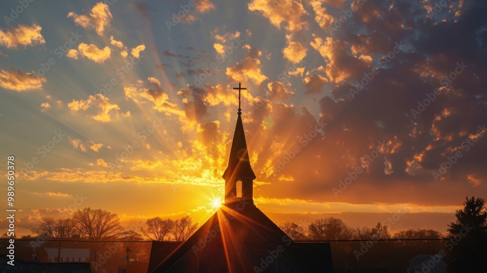 Obraz premium A serene sunrise over a church steeple, symbolizing new beginnings and the hope found in faith