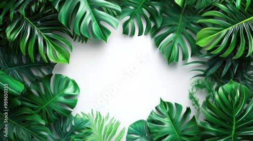 Lush green leaves frame a blank space for text or design.