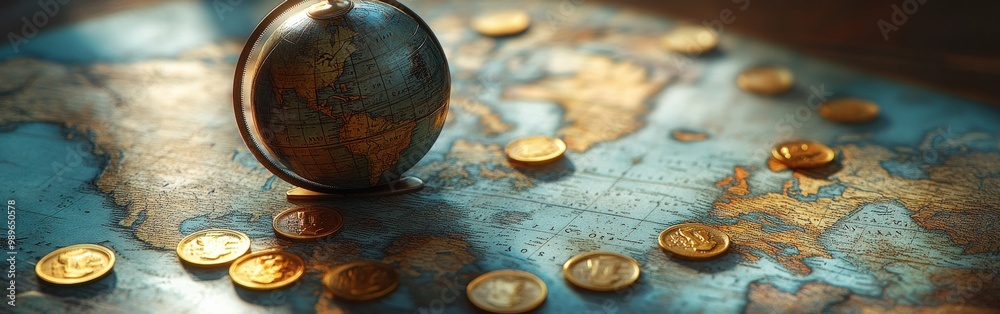 Globe and coins placed on world map, soft light reflecting travel and finance Globe and coins placed on world map, soft light reflecting travel and finance