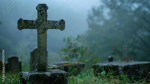 A stone cross in an old cemetery, surrounded by mist, symbolizing the enduring presence of faith