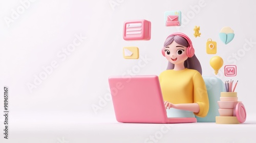 A 3D illustration of a woman using a laptop with various digital icons around her.