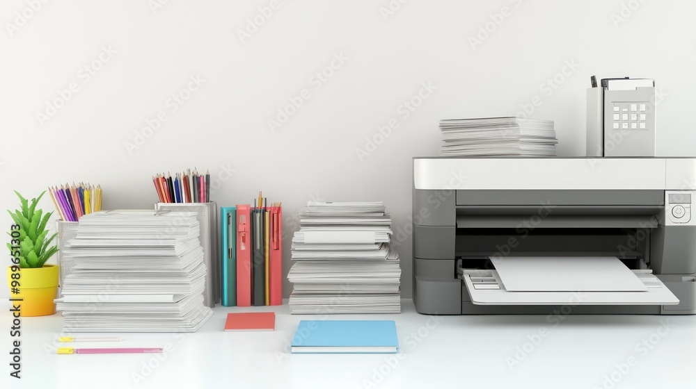 A workspace with a printer, stacks of paper, notebooks, and a plant for a productive environment.
