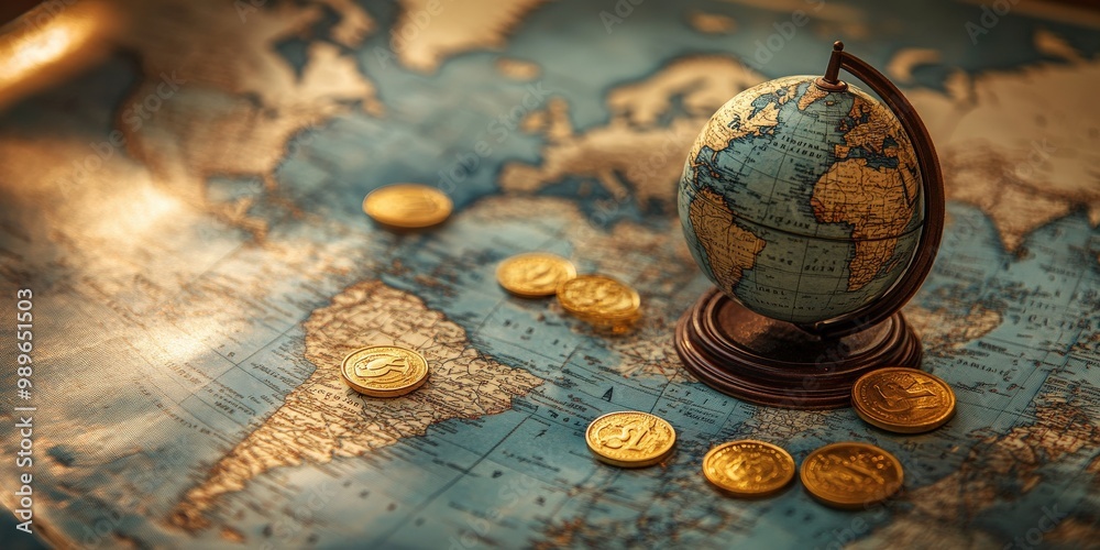 Globe and coins placed on world map, soft light reflecting travel and finance Globe and coins placed on world map, soft light reflecting travel and finance