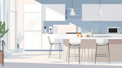 Modern Chic Kitchen Interior Blend of 2D Flat Vector Art and Photographic Sketch - Contemporary Furniture Design Concept