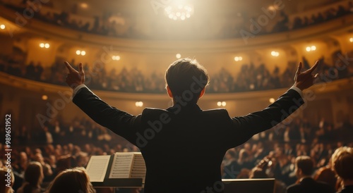 A conductor leads a captivating performance in a grand theater, illuminated by dramatic lighting, with an engaged audience in attendance.