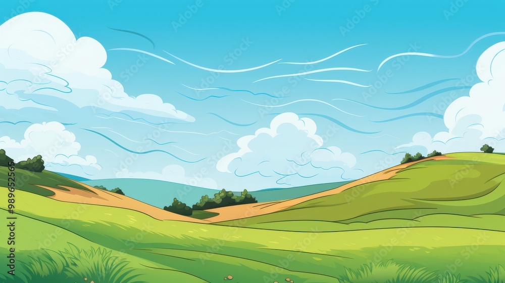 Obraz premium Cartoon Illustration of Rolling Green Hills Under a Blue Sky with Clouds