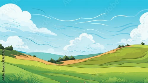 Cartoon Illustration of Rolling Green Hills Under a Blue Sky with Clouds