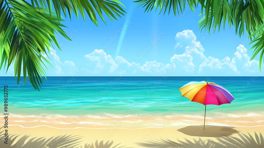 Tropical beach view with crystal clear water, sandy shore, palm leaves, and a colorful umbrella. Crystal Clear Beach. Illustration Tropical beach view with crystal clear water, sandy shore, palm leaves, and a colorful umbrella. Crystal Clear Beach. Illustration