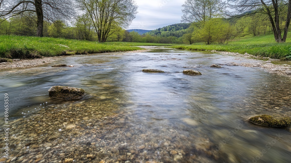 A serene river scene with smooth water, pebbles, and lush greenery along the banks. A serene river scene with smooth water, pebbles, and lush greenery along the banks.