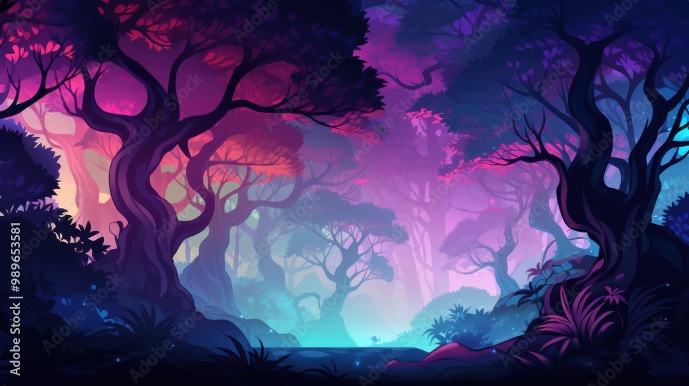 Obraz premium A mystical forest with glowing blue water and trees bathed in purple and pink light.