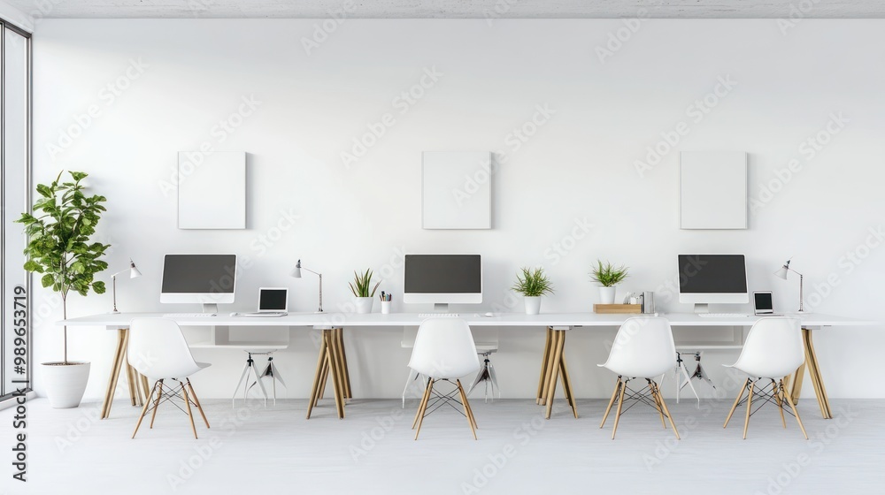 Fototapeta premium Modern office space with desks, computers, and plants for a collaborative work environment.