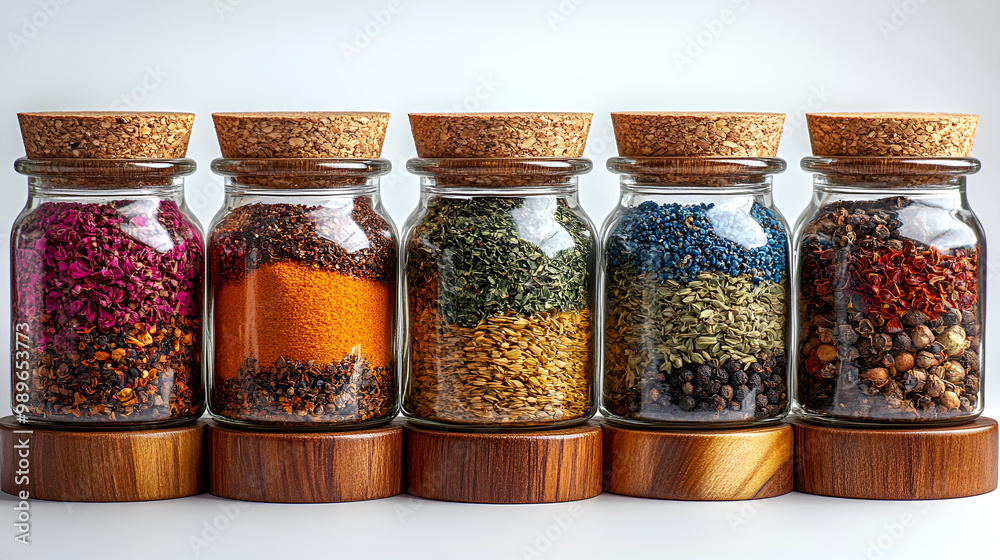 a group of jars with different colored spices
a group of jars with different colored spices