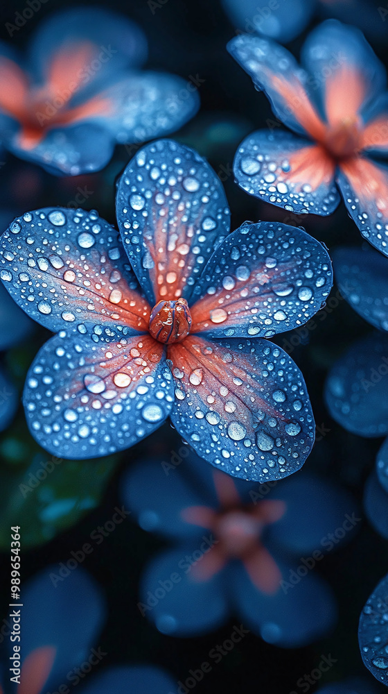 Vibrant Close-Up of Blue Flowers with Raindrops in Serene Garden Setting Vibrant Close-Up of Blue Flowers with Raindrops in Serene Garden Setting
