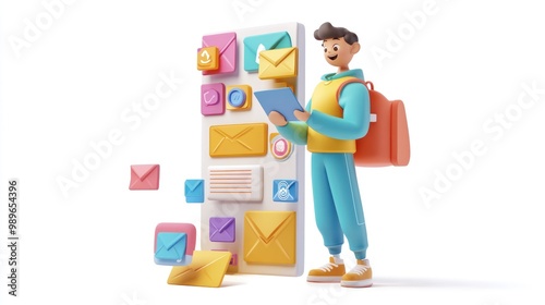 A person with a backpack reads messages from a colorful display of email icons.