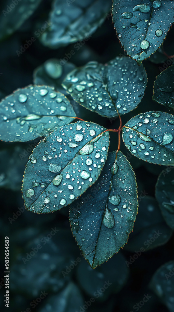 Obraz premium Vibrant Macro Photography of Wet Leaves and Water Droplets in Lush Greenery